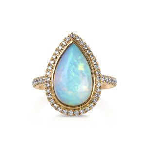 Pear White Opal and Diamond Halo Ring