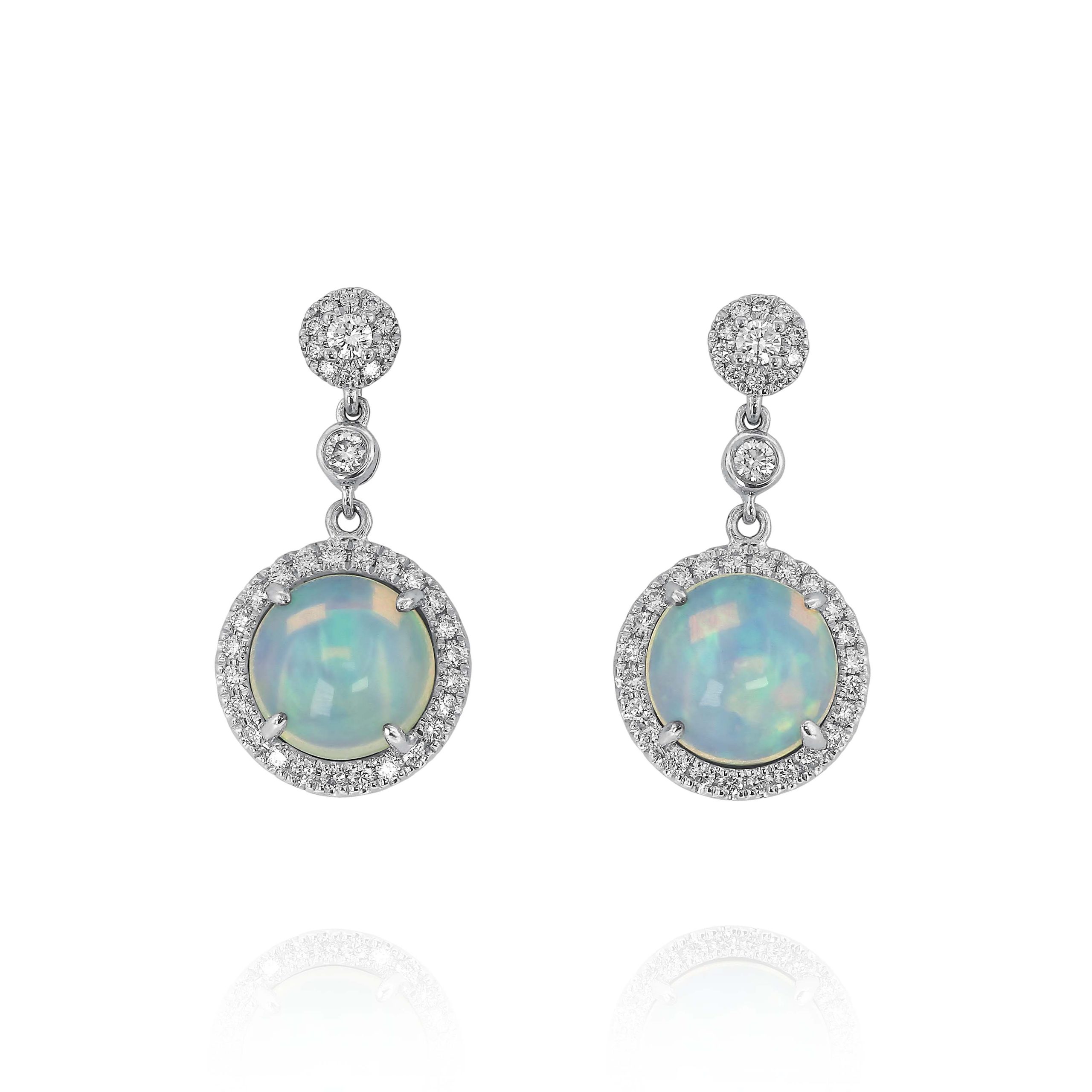 Round White Opal and Diamond Drop Earrings