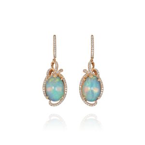 Ornate White Opal and Diamond Dangle Earrings