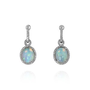 Oval White Opal and Diamond Drop Earrings