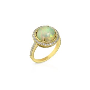 Round White Opal and Diamond Halo Ring