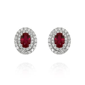 Oval Ruby Double Halo Stud Earrings