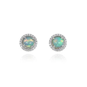 Round White Opal and Diamond Stud Earrings