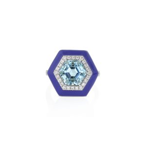 Hexagon Aquamarine Blue Enamel Ring