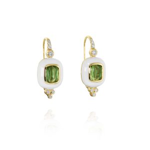 Green Tourmaline White Enamel Drop Earrings