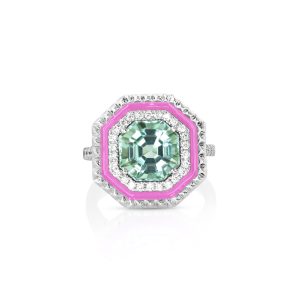 Green Tourmaline Pink Enamel O agon Ring