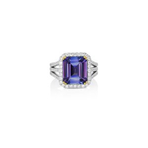 Emerald-Cut Tanzanite & Diamond Halo Ring