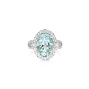 Oval Aquamarine and Diamond Halo Ring